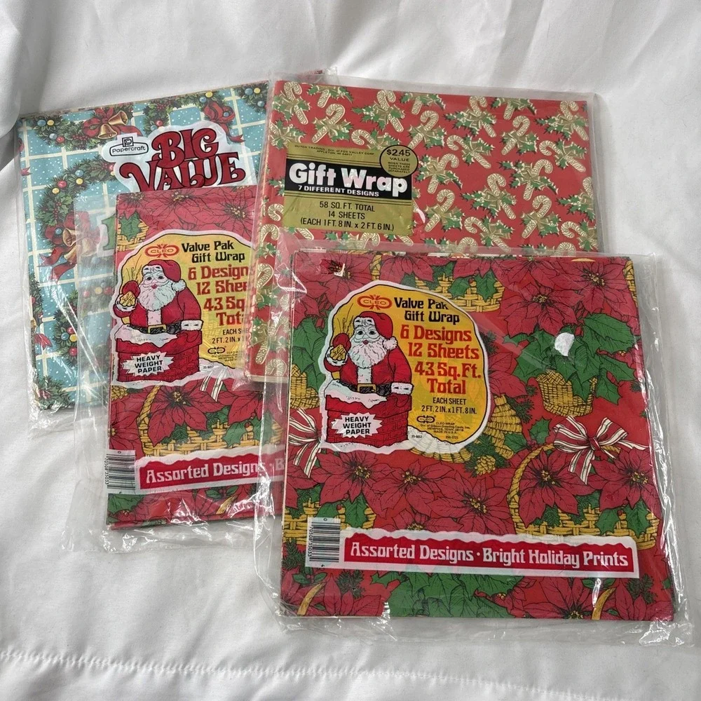 Vtg‎ Lot Of 4 Christmas Wrapping Paper NOS Sealed 187 Sq Ft Total Red Poinsettia